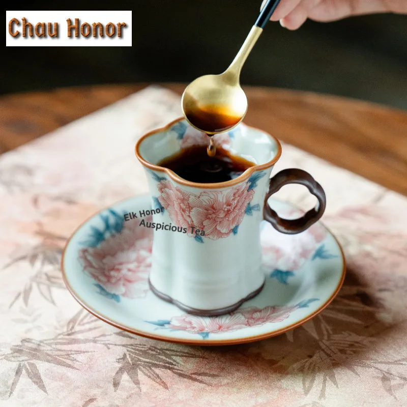 90ml Ru Kiln Porcelain Hibiscus Coffee Mug With Plate Hot Chocolate Cup Afternoon Tea Mug Cup Saucer Kit Teaset Decoration Gift