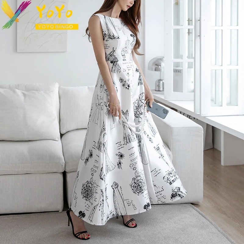 

Formal White Printed Sleeveless Tank O-Neck and Ankle A-line Dress 2024 Elegant Slim Bodycon Chic Party Temperament Dress