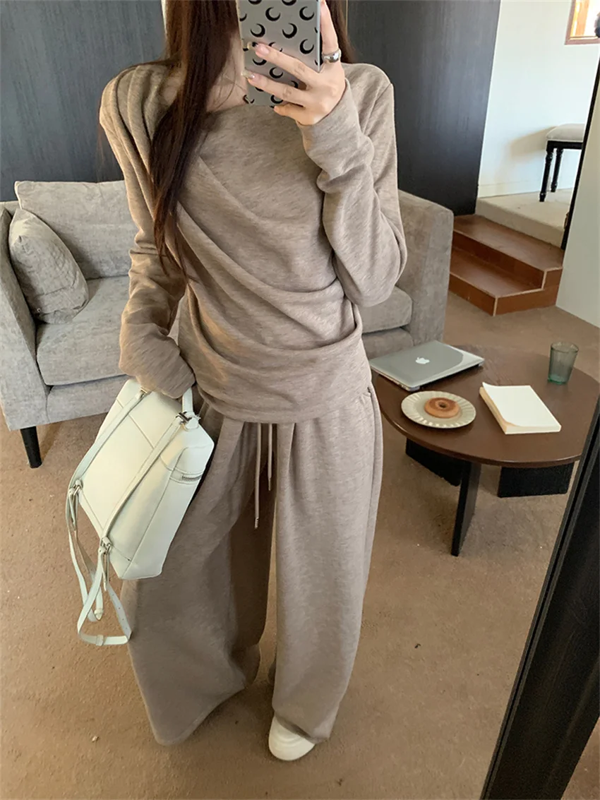 

Женский Повседневный офисный костюм PLAMTEE, свитер с открытыми плечами и брюки с широкими штанинами, весна 2024