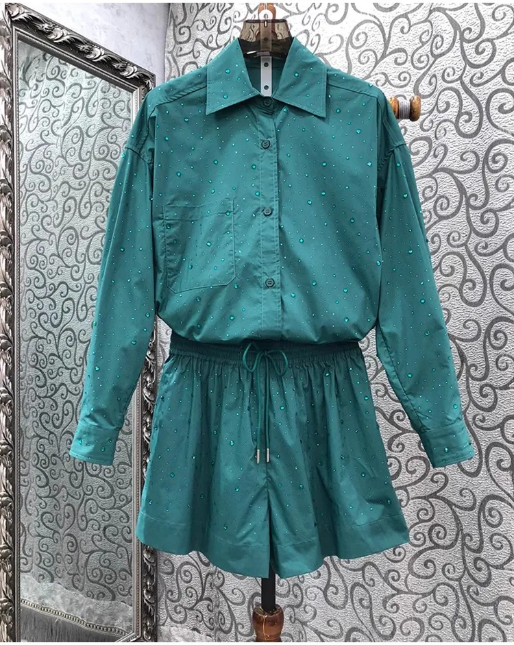 

Top Quality Women's Set 2023 Autumn 2 Piece Sets Ladies Beading Deco Long Sleeve Cotton Shirts+Elastic Waist Cotton Short Suits
