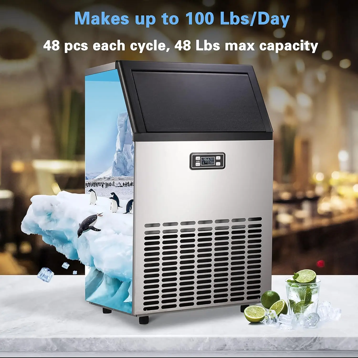 Ice Maker, 100Lbs/Day, Stainless Steel Ice Machine with 48 Lbs Capacity, Ideal for Restaurant, Bars, Home 2