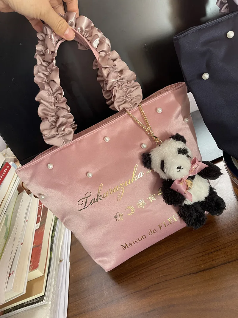 Japanese Style Bags 2024 New Satin Flower Pleated Bronzing Handbag Storage Bento Cosmetic Bag Women's Storage Bag for Girls