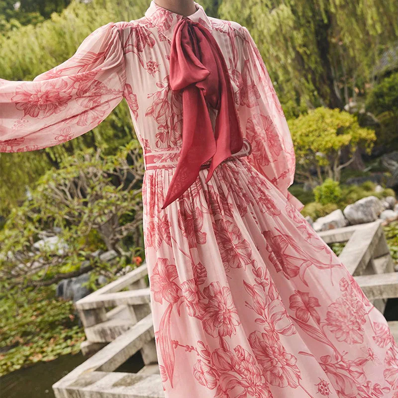 

2024 Spring Summer Maxi Dress Bow Collar rose Floral Prin Butterfly Sleeve Long Casual Holiday Bohemian Loose Dress