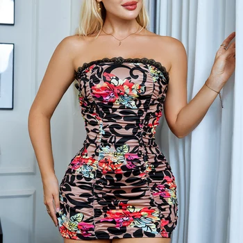 Stylish Lady Flower Printed Dress Summer Women Strapless Bodycon Hot Girl Sexy Club Party Street Mini 1