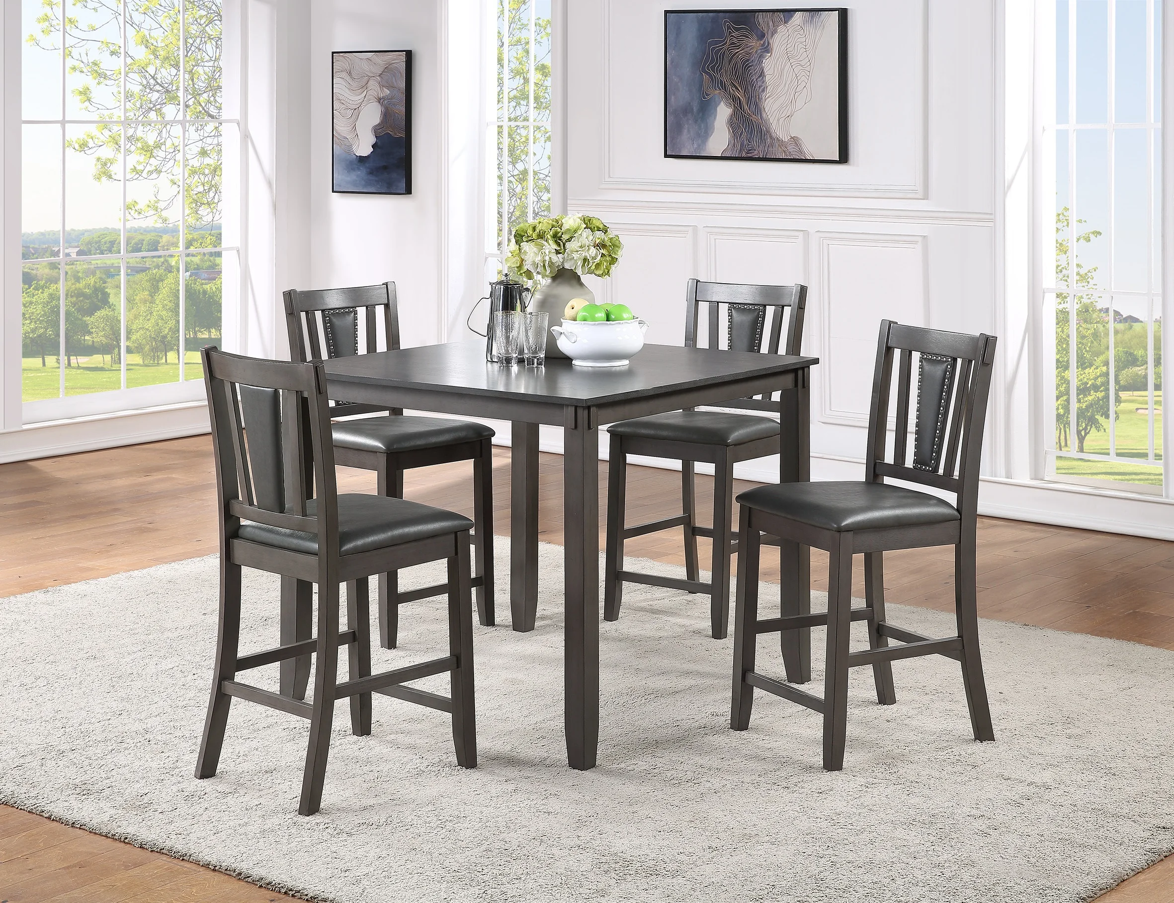 

Grey Finish Dinette 5pc Set Kitchen Breakfast Counter height Dining Table w wooden Top Upholstered Cushion 4x High Chairs Dining