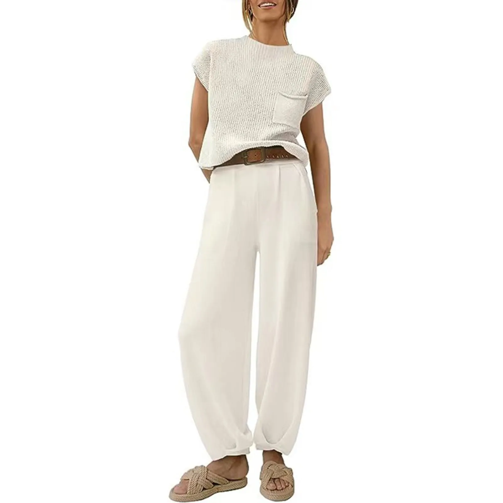 Sports Suit Women Solid Color Pocket Sleeveless Leggings Two Pieces
