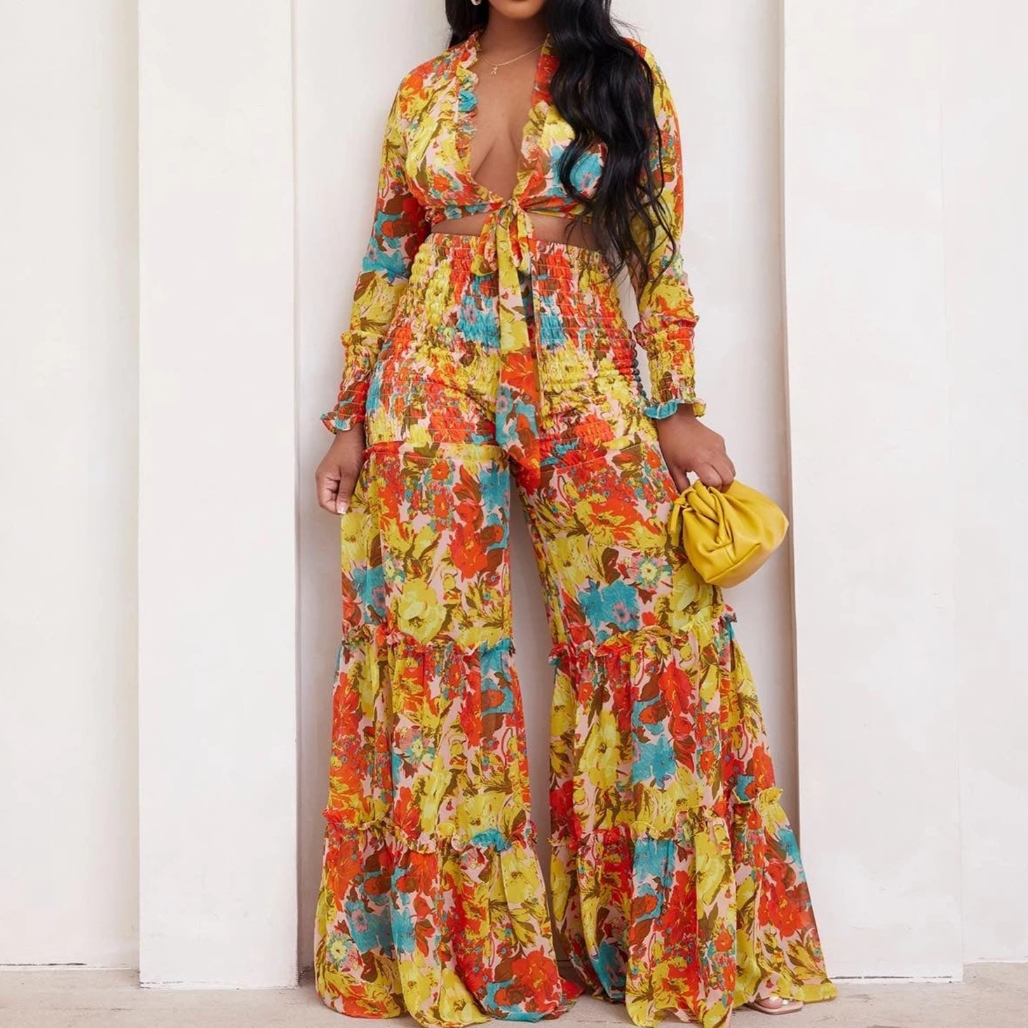 

Summer Retro Color Print 2 Piece Long Sleeve Lace-Up Cardigan Top Patchwork Ruched Bell-Bottoms Women Street Retro Suit