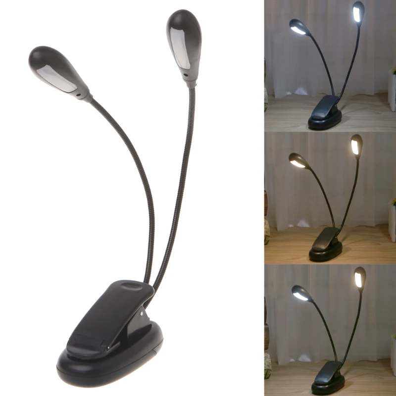 2 Dual Flexible Arms 4 LED Clip-on Light Lamp For Piano Music Stand Book