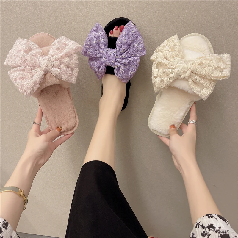 

Women Winter Bowknot Lace House Fuzzy Slippers Fur Fashion Warm Shoes Woman Slip on Flats Female Furry Slides Cozy Home New 2022