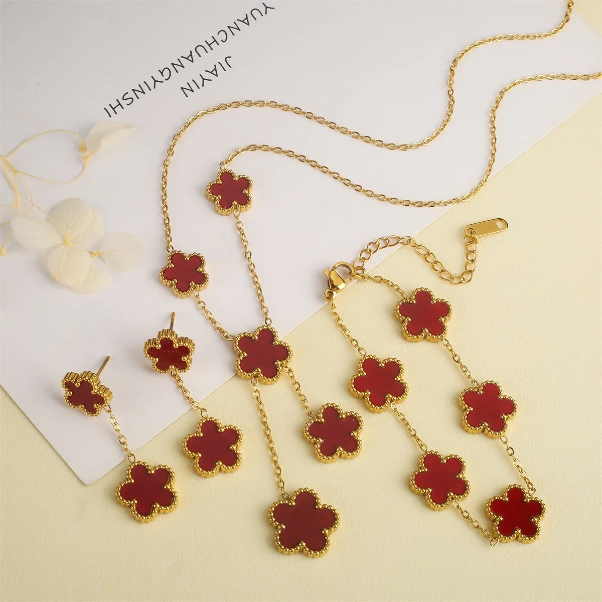 Designer Flower Necklace With 20 Motifs And Four Clover Clover In