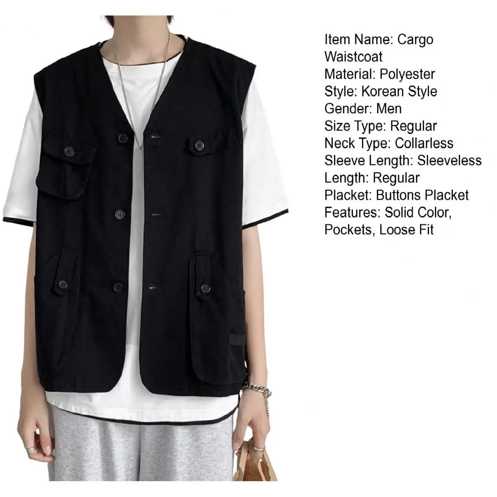 Description Picture 3 of itemSports Vest Coat Moisture-wicking Sports Vest Men's Collarless Sleeveless Cargo Waistcoat with Multi Pockets Buttons for Thin