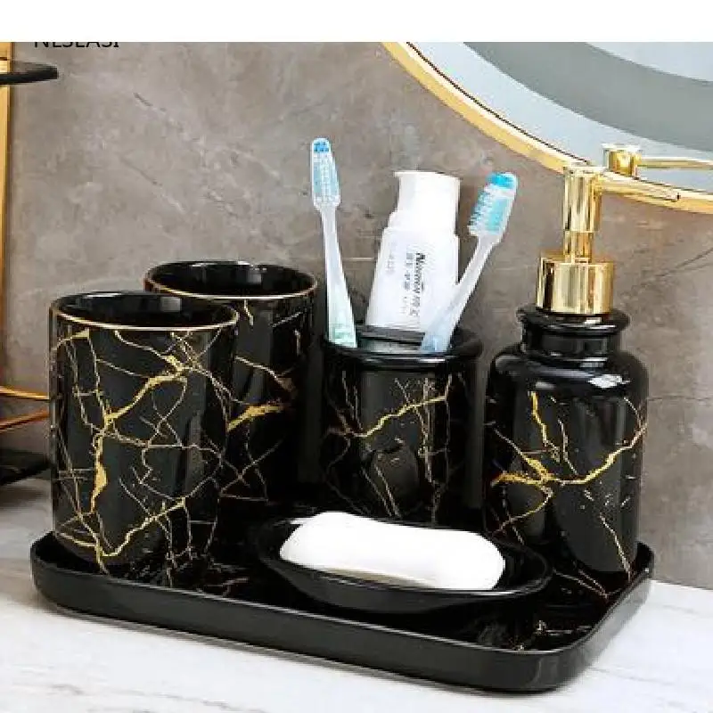 

European Style Marble Ceramic Toiletries Bathroom Set Cup Toothbrush Holder Lotion Bottle Tray Bathroom Decoration Accessories