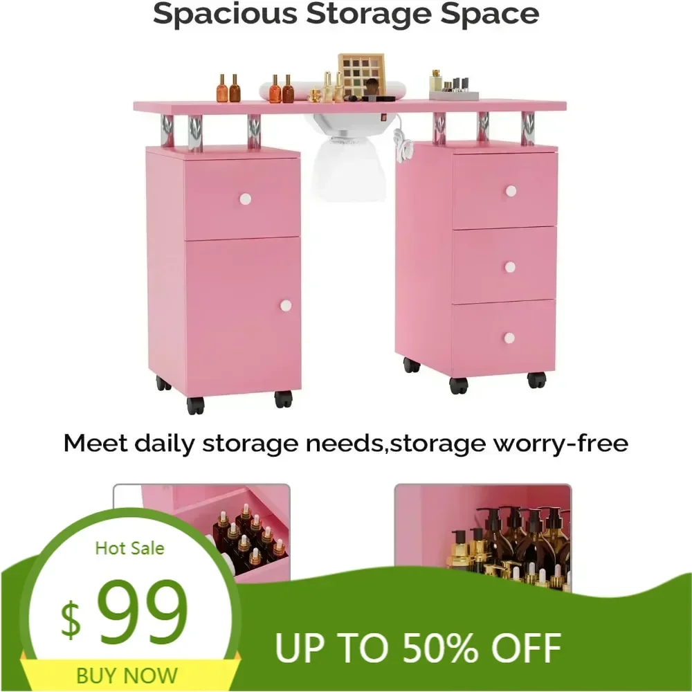 "professional nail technician station with integrated dust removal and acrylic storage"