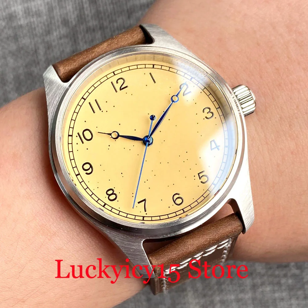 Tandorio 39Mm Pilot Case Yellow Dial Spot Blue Hand Nh35A Pt5000 Movimento Automatico 20Atm Watch Men Sapphire Crystal Leather Strap