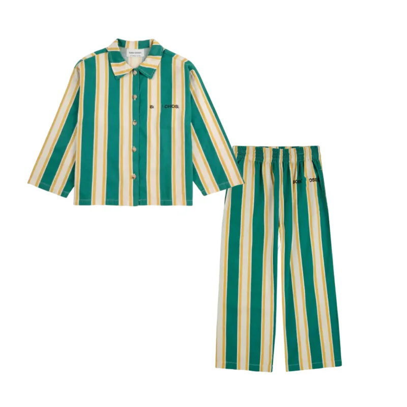 INS 2025 Spring/Summer Children's Set Color Blocked Sports Set Boys' Jacket Pants Fashion Green Striped Shirt Baby Girls Clothes 6