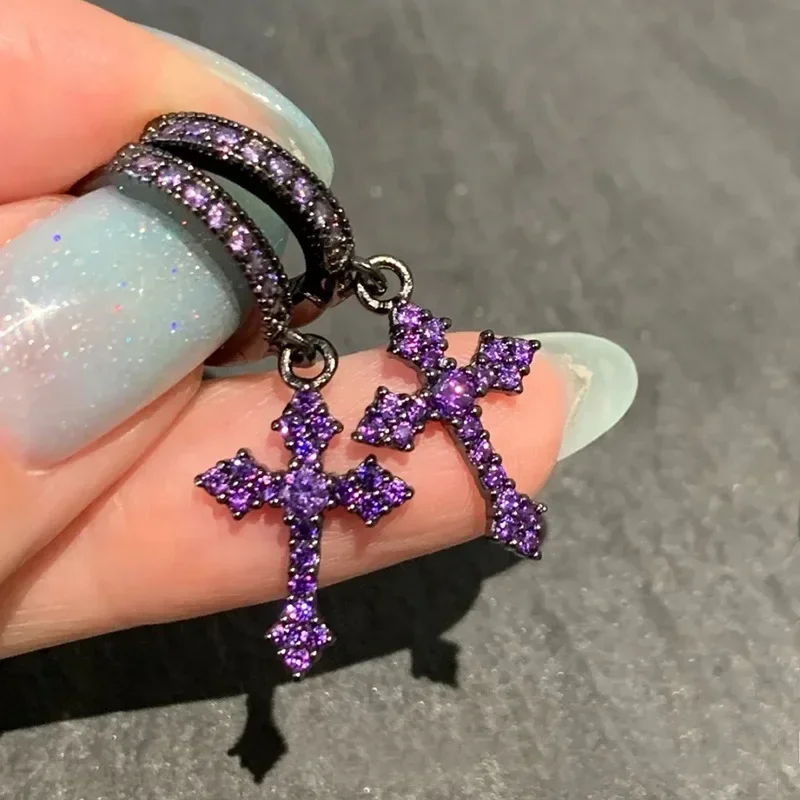 Goth Style Zircon Crystal Cross Drop Dangle Hoop Earrings for Women Men Luxury Fashion Punk Jewelry