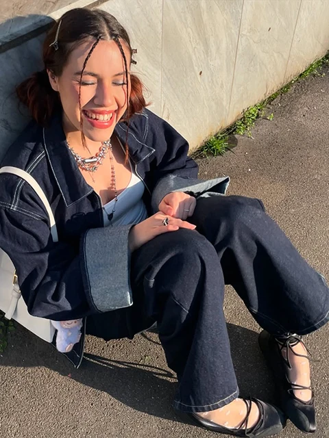 Fashion Denim Jacket Set Women Lapel Single Breasted Long Sleeve Coat Straight Jeans Pants 2025 Spring Lady High Street Outfits 6
