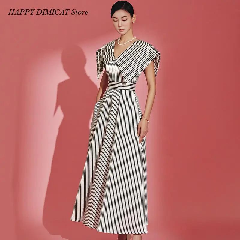 Midi Big Swing Dresses Korean Chic Turn-down Collar Striped Sleeveless Dress High Waist Soli A-line Simpel Robe Summer Elegant