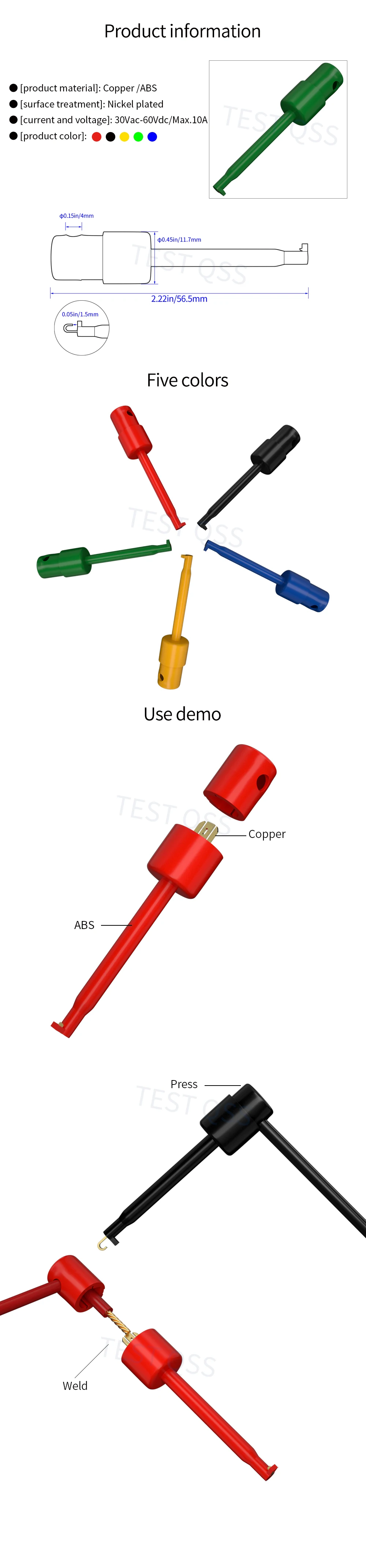 QSS 10PCS SMD IC Test Haken Clips Mini Kupfer Grabbers für Multimeter Elektrische Messleitungen Werkzeuge DIY Zubehör – Detail 1
