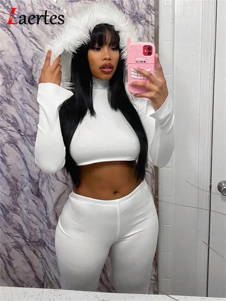 

Laertes Elegant Women Furry 2 Piece Sets White Hooded Long Sleeve Sexy Crop Top+Pants Warm Winter Streetwear Casual Clothes