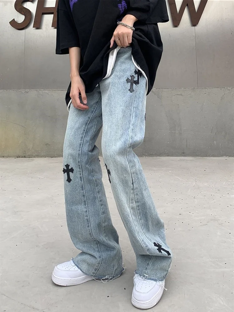 american eagle jeans Streetwear Korean Fashion Cross Applique Jeans Woman High Waist Y2k Straight Baggy Pants Versatile Casual Grey Denim Trousers blue jeans