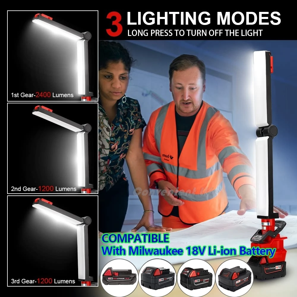 30W 2400LM Cordless LED Work Light Compatible with Milwaukee M18 18V Battery Fol