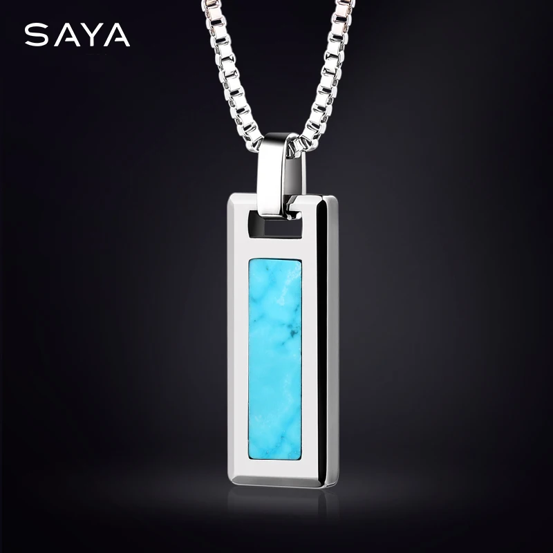 Necklace for Men Natural Turquoise Pendant High end Trendy Brand Tungsten Black Agate Fashion Versatile，Engraving 6