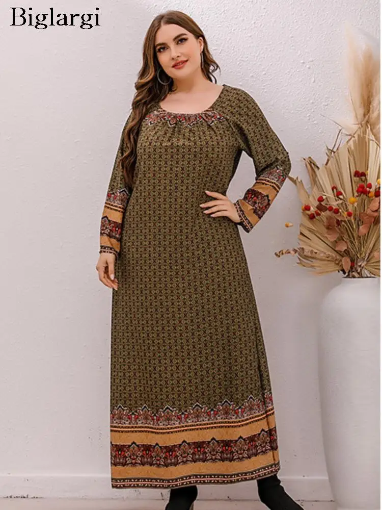 

Plus Size Autumn Long Dress Women Striped Print Vintage Ladies Dresses Loose Casual Fashion Woman Dress 2023