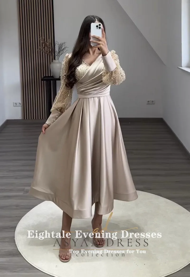 Eightale Abiti da ballo corti Scollo a V Glitter Maniche lunghe