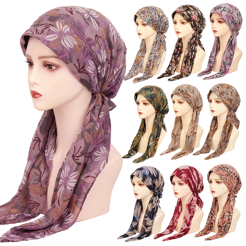 Geebro Womens Muslim Hijab Leaves Flower Print Hat Turban Cap Cover Scarf Wrap Pre-Tied Headwear Stretch Bandana 1