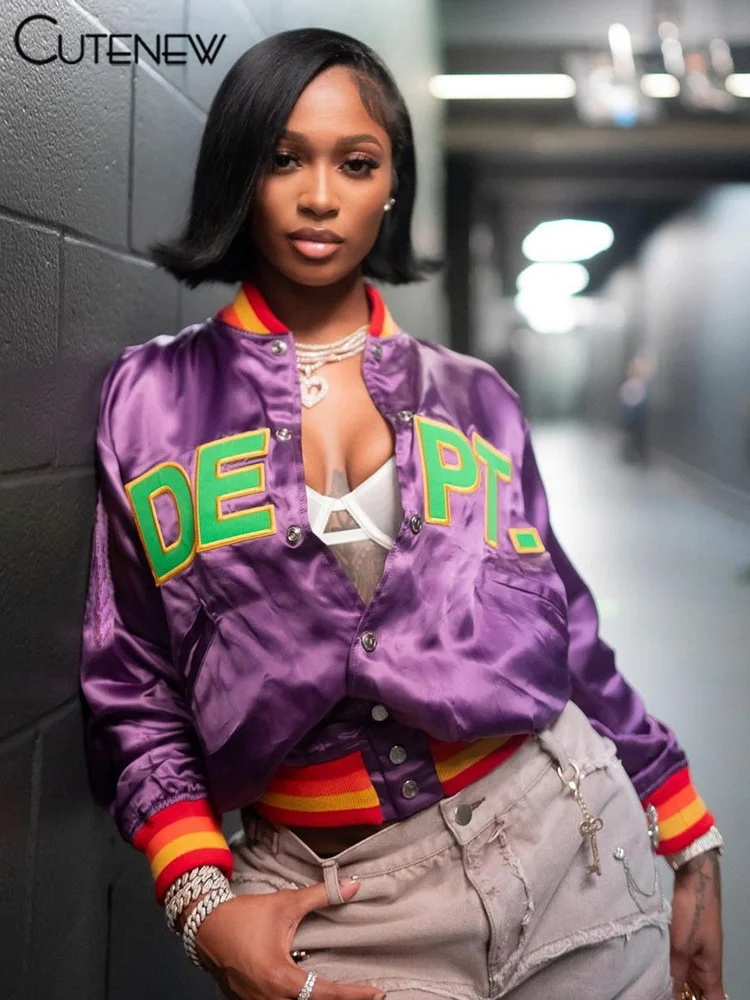 

Cutenew Button Letter Autumn Women Purple Jacket Fashion Stand-up Collar Single-Breasted Patchwork Top Female Coat Streetwear