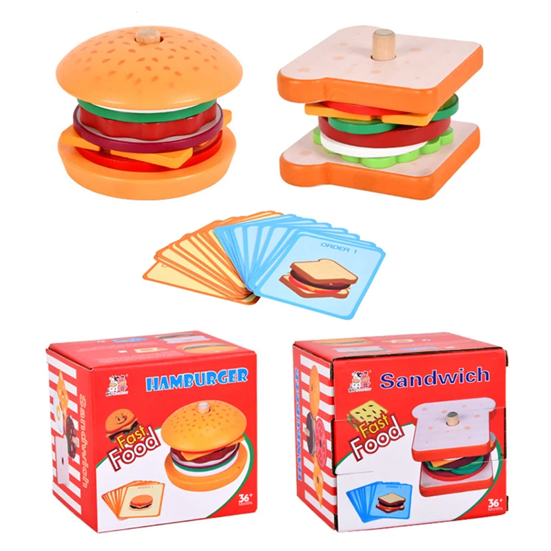 Kitchen Toys Children Pretend Play Hamburger Sandwich Simulation Food Matching Games Montessori Educational Wooden Stacking