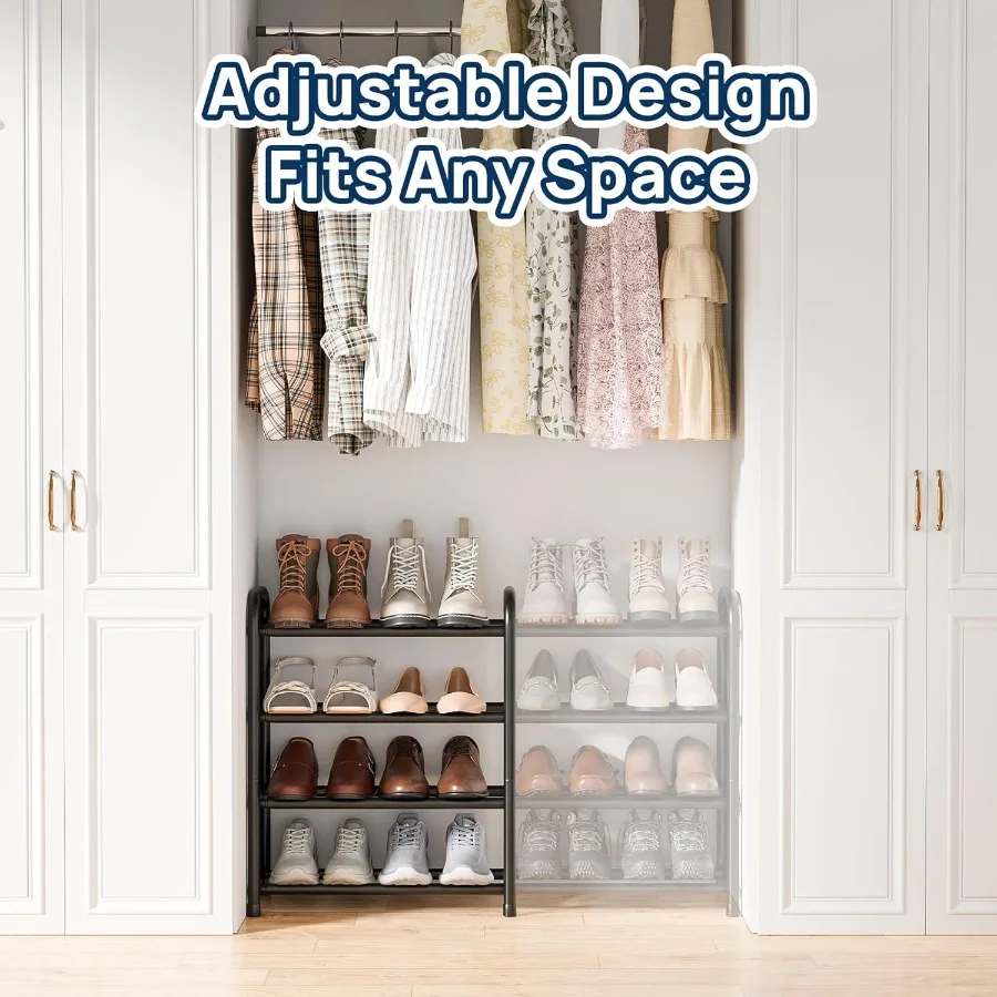 Expandable Shoe Rack 4 Tier Adjustable Shoe Organizer Shelf for Closet Black Metal Free Standing Shoe Rack Storage for Small Sp