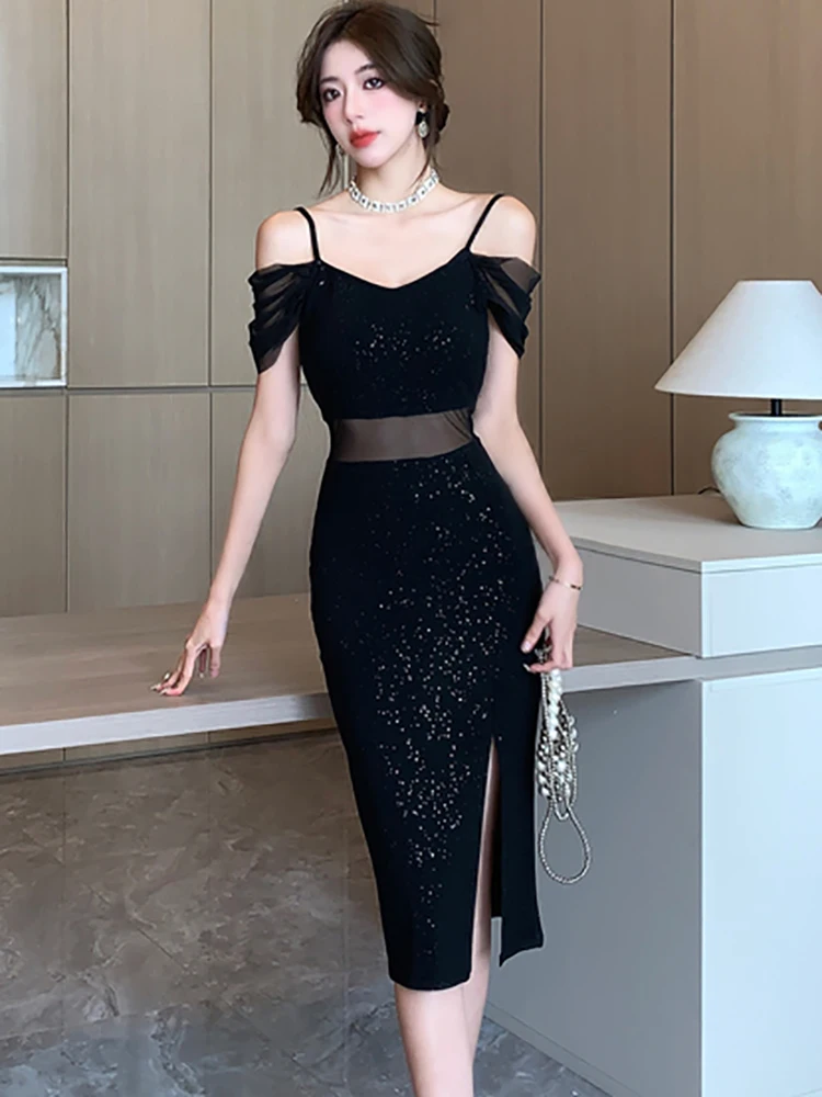 Black Sequins Patchwork Mesh Sexy Sling Dress for Women