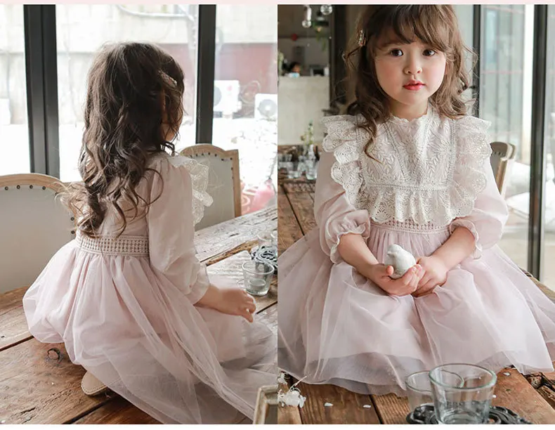 New Spring Baby Long Puff Sleeves Dress 2-11Y Child Girls Lace Turn-down Collar Princess Dresses Children Mesh Dress CL540 baby dresses