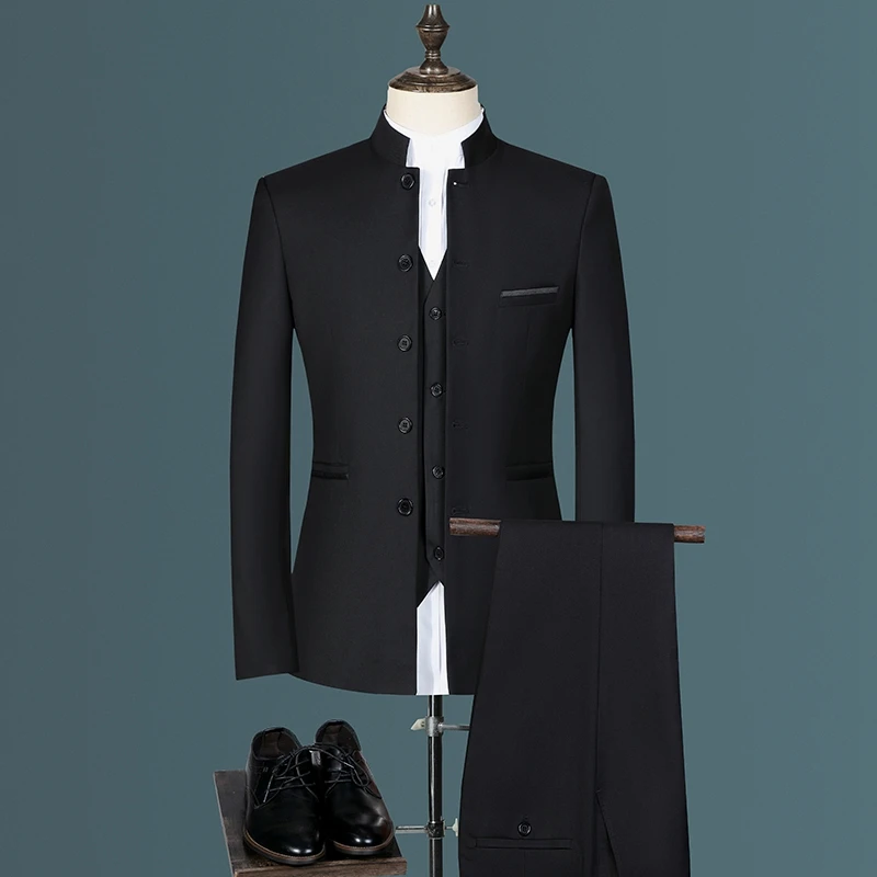 Fashion Men's Casual Boutique White Stand Up Collar Chinese Style 3 Pcs Suit Set Slim Fit Blazers Jacket Coat Pants Vest