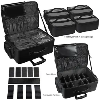 Borsa per il Trucco, Valigia Cosmetica Grande con Trolley, Valigia da Viaggio Multistrato, Borsa per Conservazione Strumenti di Bellezza