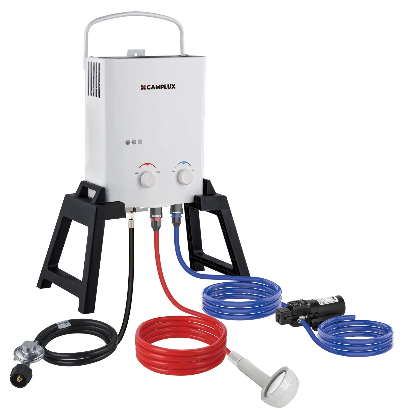 CAMPLUX Portable Tankless Water Heater 1.32 GPM Outdoor Camping Propane Gas Water Heater Pump w/Free-standing Stand