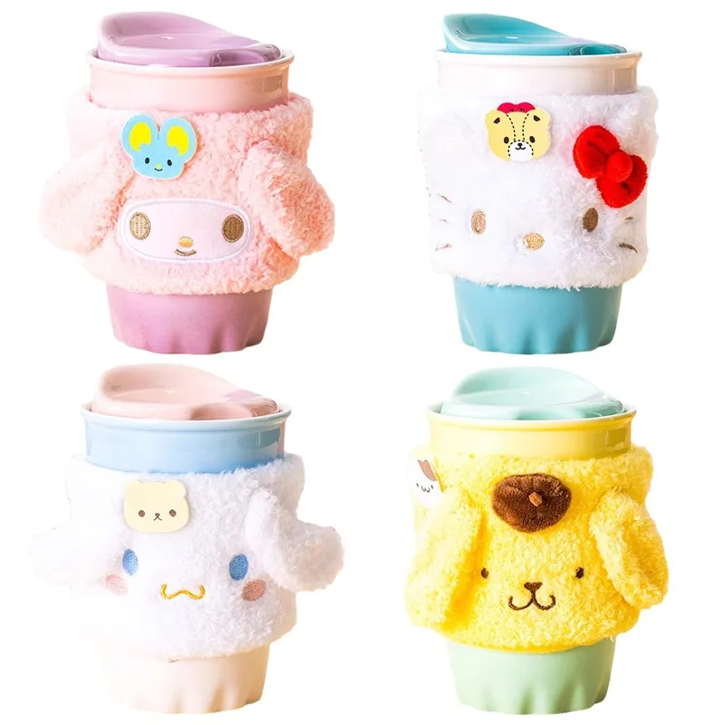 

Cute Cartoon Sanrioed My Melody Cinnamoroll Hellokittys Ceramic Mug Kawaii Plush Insulation Cover with Lid Water Cup Girl Gift
