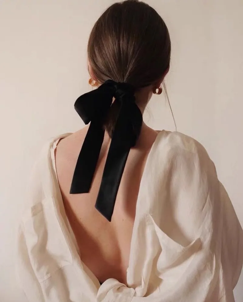 Vintage Black Velvet Bow Hair Ribbon Scrunchie for Women Girls Long Elastic Hair Tie Headwear Female Hair Accessories