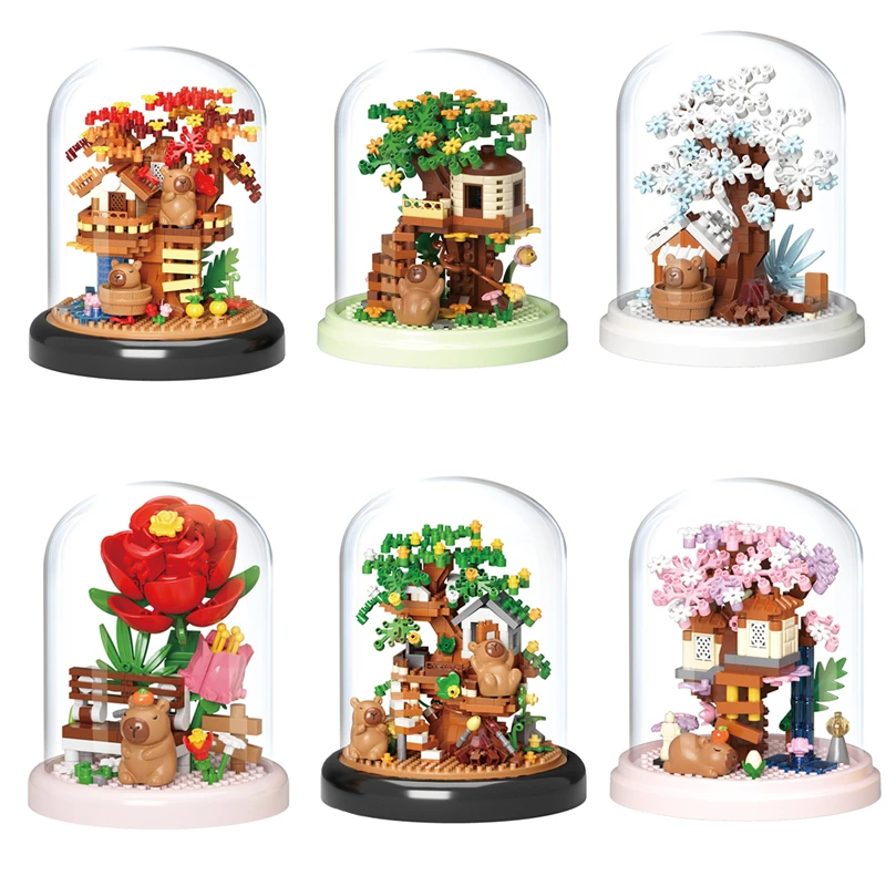 Diversão capivara jardim quebra-cabeça montagem blocos de construção simulação girassol rosa lírio flor imortal ornamento blocos de construção