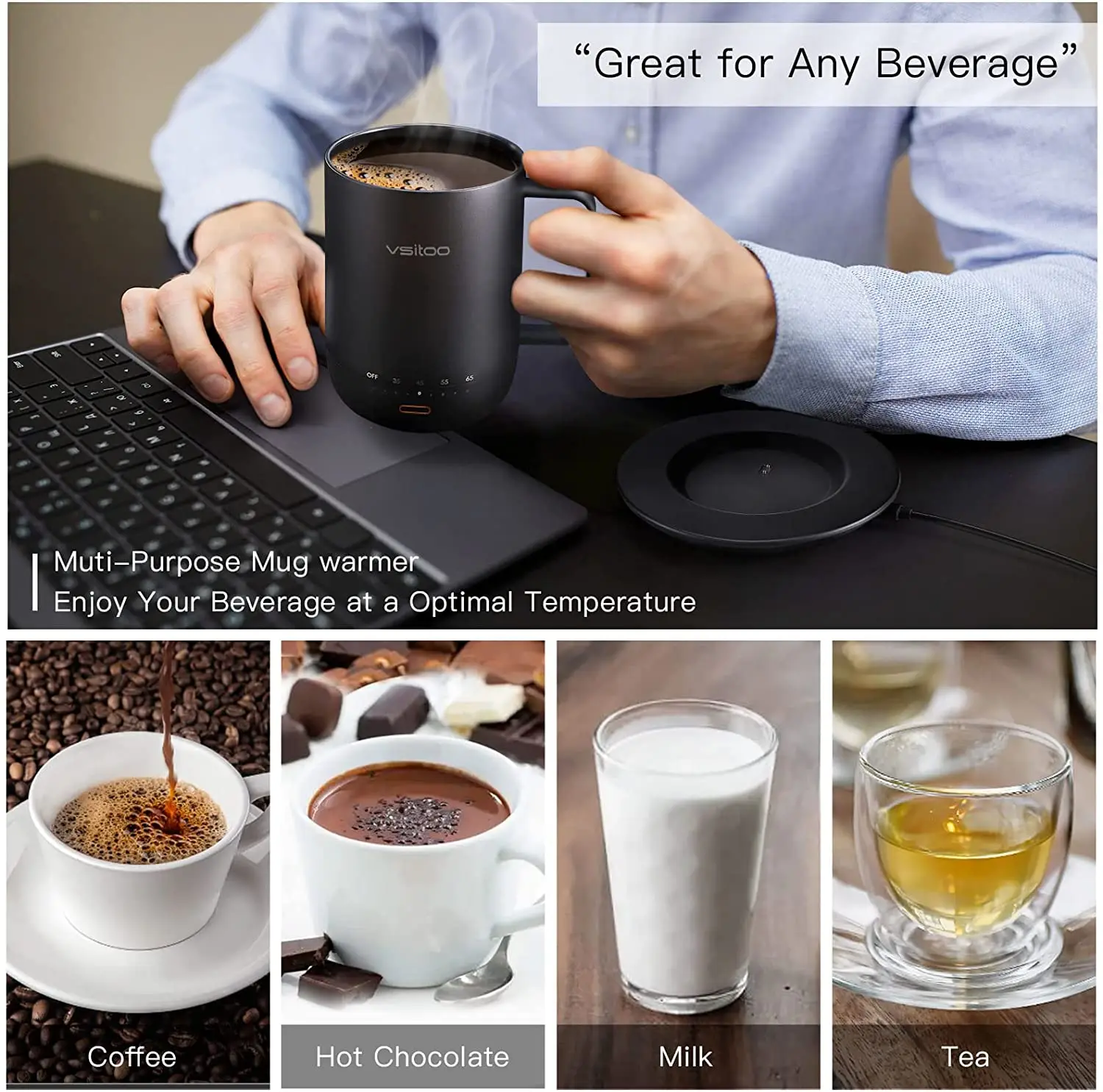 Taza térmica inteligente calentada recargable de 14 onzas para café y té  con control de temperatura
