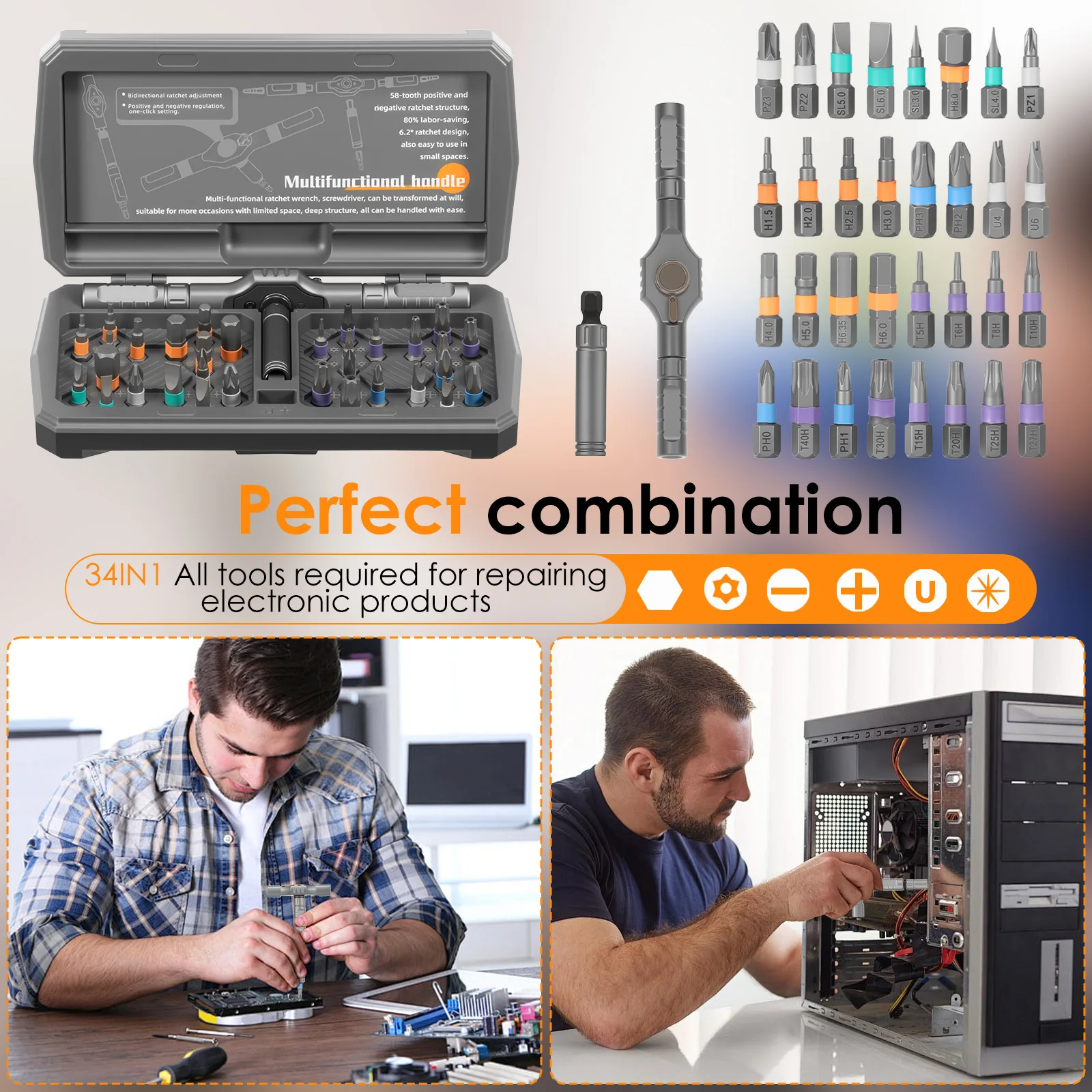 34 in 1 Ratchet Screwdriver Set Magnetic Screwdriver Set Multi Bit Drive Kit Multifunctional Ratchet Screwdriver Set with Handle