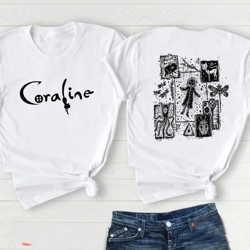 Retro Coraline Movie T Shirt Women Female Coraline Doll Dreams Unisex Tshirt Horror Movie Tee Shirt Streetwear Cotton Tops Tee