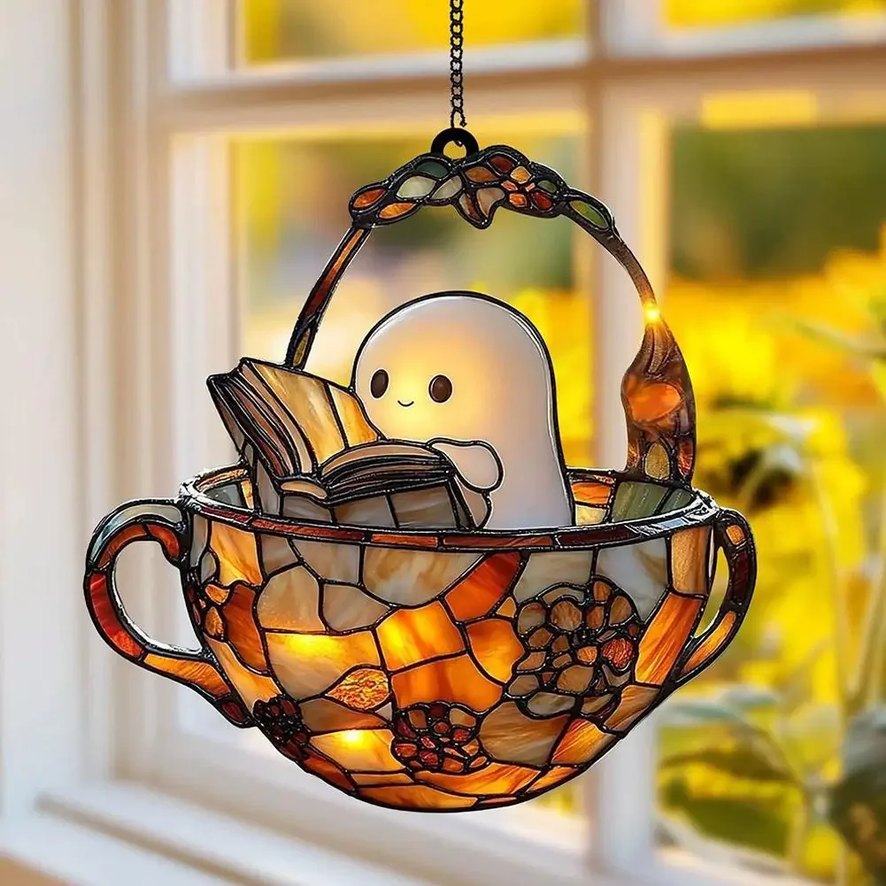 1 stücke 15 cm Halloween Geist Lesen Buch Suncatcher Hängen Dekor 2D Acryl Fenster Hängen Ornament Bunte Schatten Hause decorate