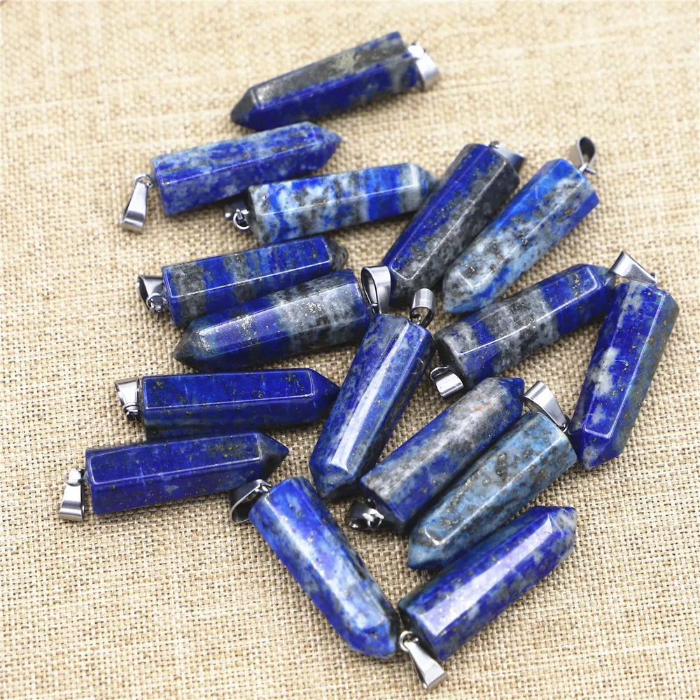 Hot Natural Lazurite Lapis Lazuli Stone Point Pillar Pendants Charms Penduloum Hexagonal Column for Women Jewelry 32x10mm 12pcs
