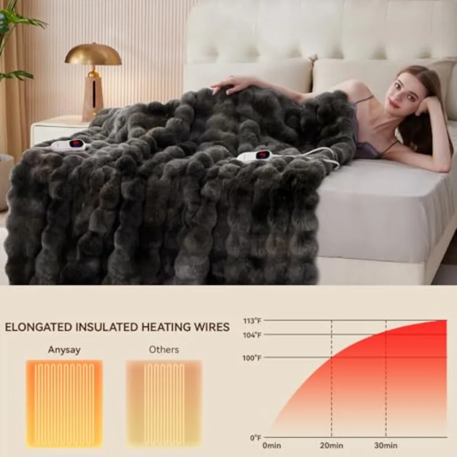 Heated Blanket Throw with 1 2 4 6 8 Hours AutoOff Feature 10 Adjustable Heat Levels 90'' x 100'' Cozy Faux Rabbit Fur Texture E