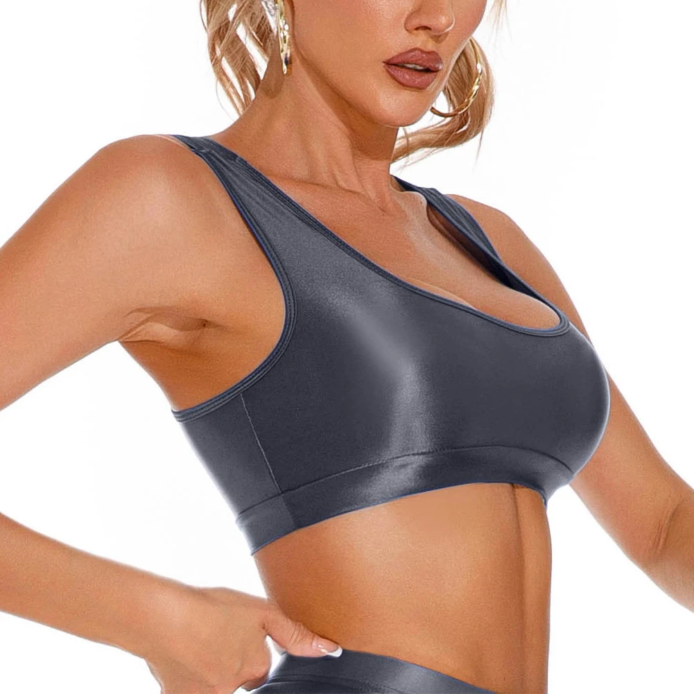 

Sexy Women Glossy Crop Top Vest Yoga T-Shirts Gym Sports Bra U Neck Tank Tops Solid Color Lingerie Oil Shiny Seamless Underwear
