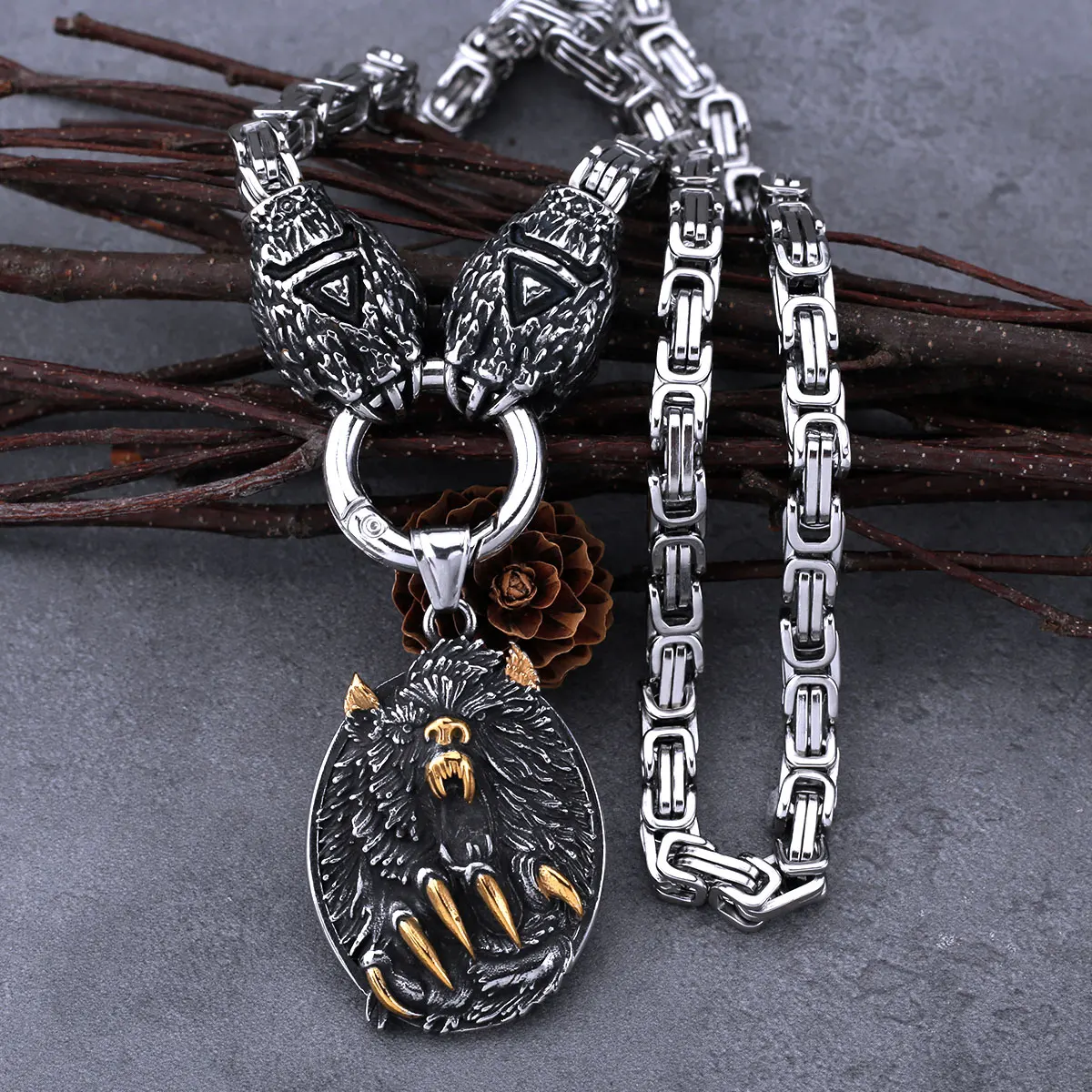 Viking Wolf Head Pendant Bear Claw Rune Set Necklace Men Vintage Hip Hop Chain Amulet Viking Jewelry Christmas Gift Dropshipping