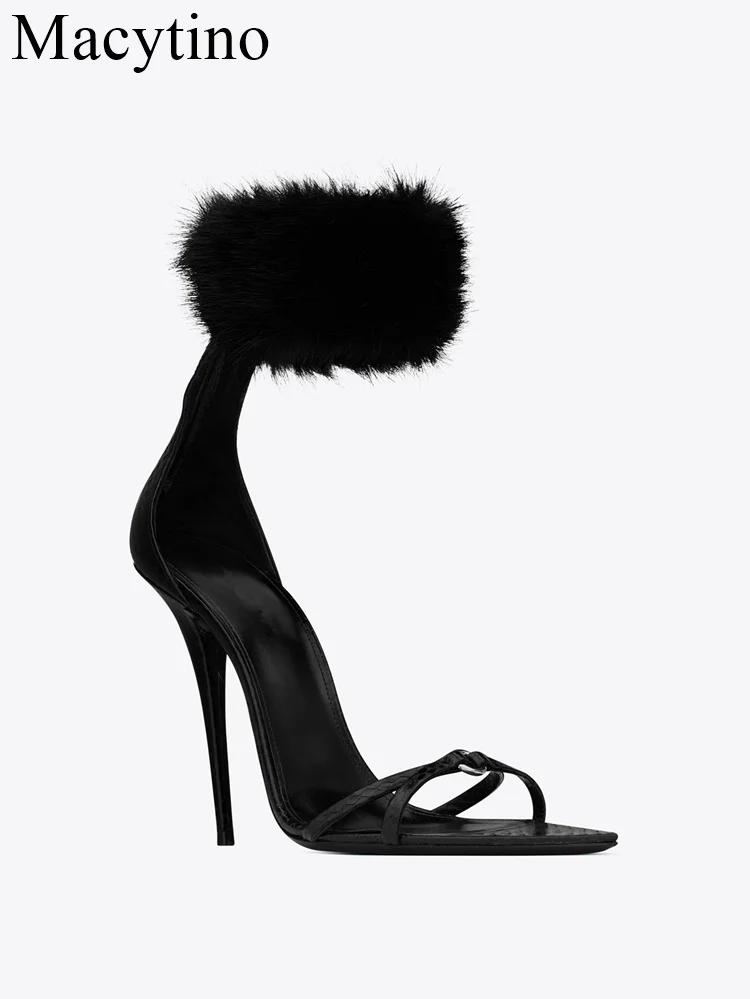 

Sexy High Heels Sandals For Women Genuine Leather Black Back Zipper Party Shoes Women Mink Hair Stiletto Sandals Woman Sandalias